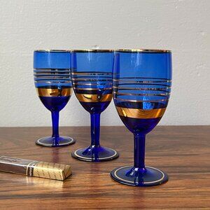 Set of 3 Vintage Cobalt Blue Liqueur Cordial Glasses Gold Stripes MCM Barware